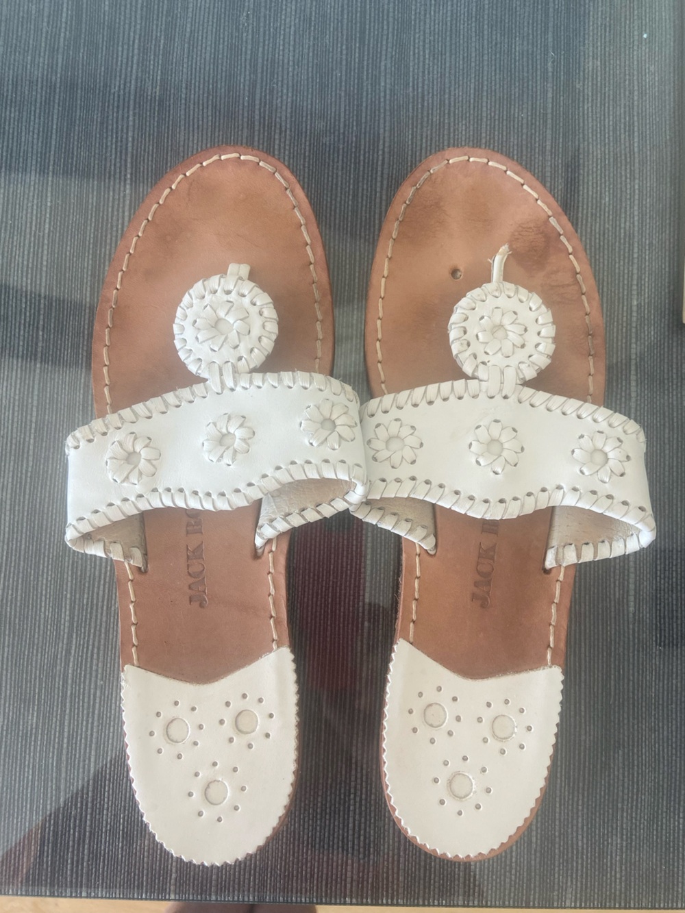 Jack Rogers White Leather Floral Appliqué Sandals- left foot.